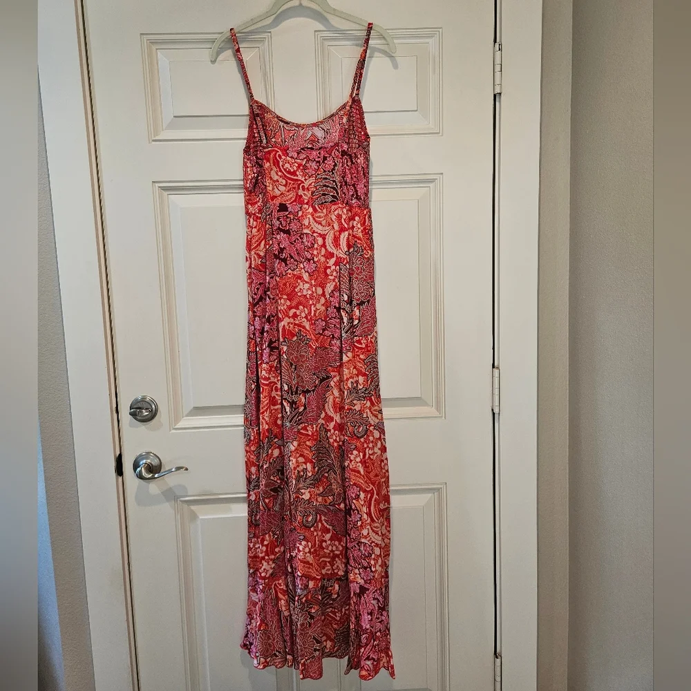 Free People Forever Yours Smocked Slip Dress Maxi Ruffled Slit Floral Red Sm NWT - Picture 5 of 16